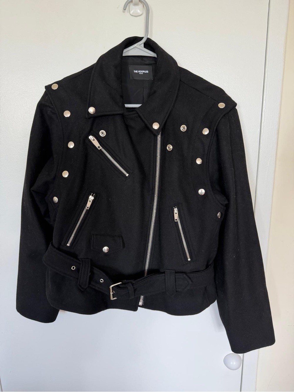 The Kooples Black Wool-Blend Studded Moto Jacket